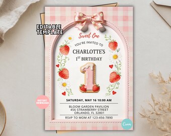 Modèle d'invitation d'anniversaire sur le thème des fraises, personnalisable (Téléchargement numérique)
