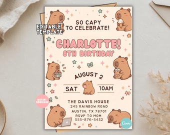 Editable Capybara Birthday Invitation, Kawaii Animal Party Template (Digital Download)