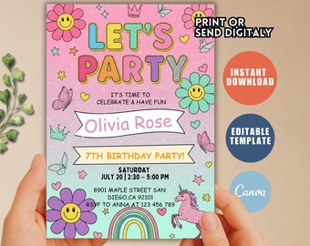 Unicorn Rainbow Birthday Invitation: Kids Party Invite (Digital Download 5x7in Canva Template)