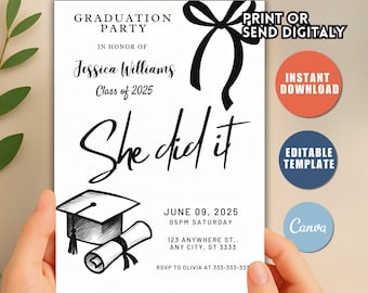 Black Bow Graduation Party Invitation, Minimalist Template (Digital Download)