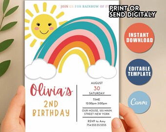 Rainbow Birthday Invitation Template, Girl Printable (Digital Download)