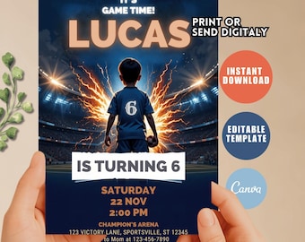 Editable Soccer Birthday Invitation, Canva Template (Digital Download)
