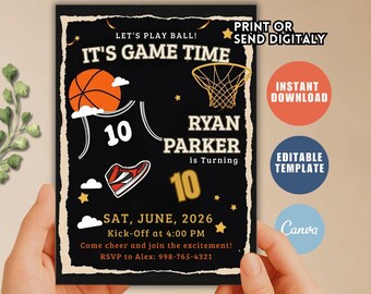 Basketball-Geburtstagseinladung, bearbeitbare Sporteinladung (digitaler Download)