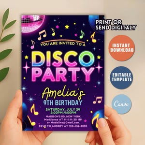 Editable Disco Party Birthday Invitation, Disco Gender Neutral Invites, Dance Party Template, Neon Party Invites Editable Glow Party W33