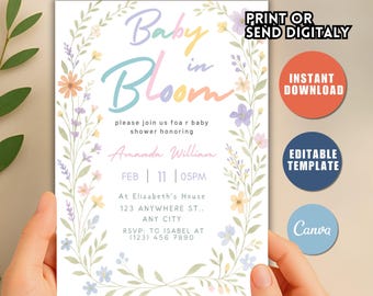 Baby in Bloom Invitation, Baby Shower Invitation, Flower Baby Shower Invitation, Wildflowers Baby Shower Invite Floral Baby Brunch Invite