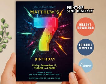 7th Birthday Boy Invitation, Rainbow Number 7, Editable Template (Digital Download)