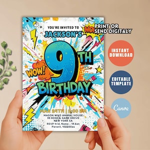 Puede incluir: Una colorida invitación de cumpleaños con temática de cómic. La invitación dice "9º Cumpleaños de Jackson" con la fecha y hora. El diseño incluye rayos, estrellas y la palabra "Wow!"