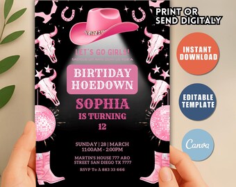 Editable Pink Cowgirl Birthday Invitation, Rodeo Party (Digital Download)
