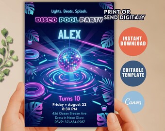 Invitation modifiable à une soirée disco au bord de la piscine : modèle d'anniversaire néon phosphorescent (téléchargement numérique)