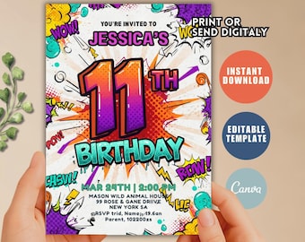 Editable 11th Birthday Invitation, Boy, Canva Template (Digital Download)