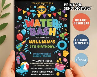 Editable Water Bash Birthday Invitation, Splish Splash Party (Digital Download)