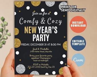 Gold New Year's Eve Party Invitation Template, Editable NYE Invite (Digital Download)