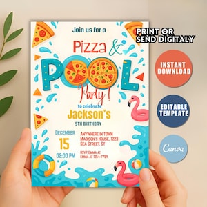 Editable Pizza Pool Party Invitation, Pizza Pool Party Birthday, Pizza and Pool Party Invite, Boy Pool Party, Pizza Swimming Party T64
