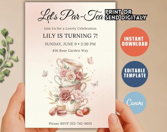 Modèle d'invitation d'anniversaire Tea Party modifiable (5 x 7) – Téléchargement immédiat Canva Design