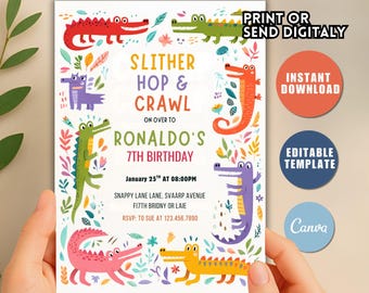 Crocodile Birthday Party Invitation, Reptile Evite (Editable Template)