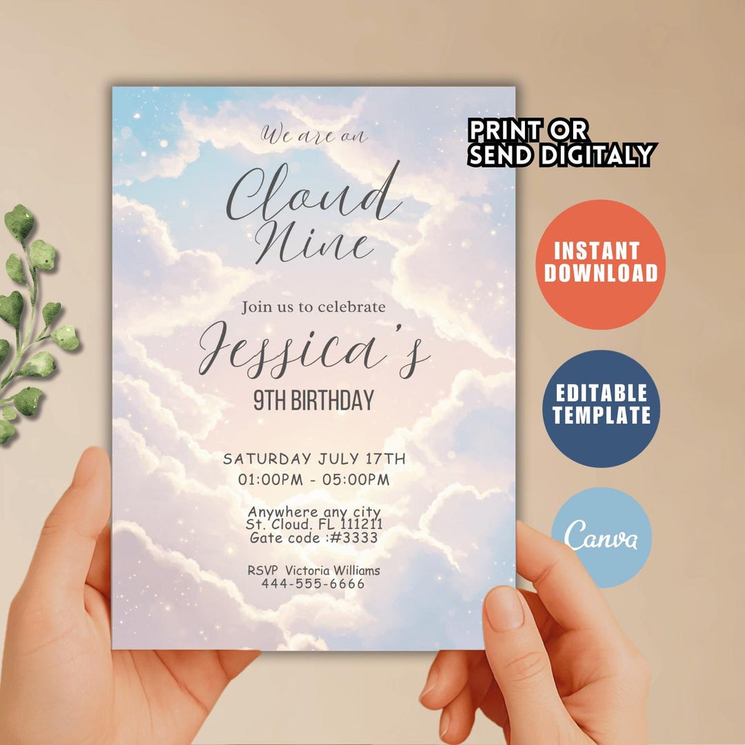 Cloud 9 Birthday Invitation Template, Editable Girl Cloud Nine Party ...