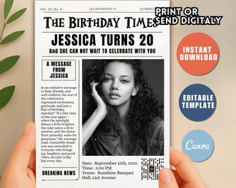 Editable Newspaper Birthday Invitation Template, Canva (5x7 in)