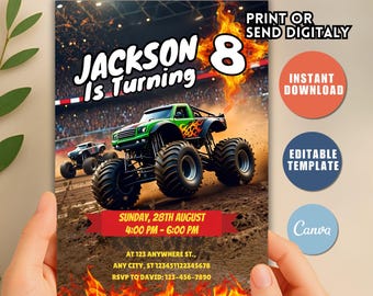 Monster Truck Birthday Invitation, Big Wheels Party, Canva Template (Digital Download)