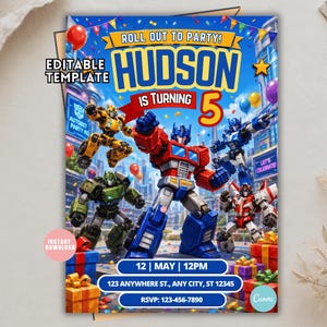 May include: A rectangular birthday party invitation template featuring five colorful robot characters in a city setting. The text reads Roll Out To Party, Hudson Is Turning 5, 12 May 12PM, 123 Anywhere St, Any City, ST 12345, and RSVP 123-456-7890.