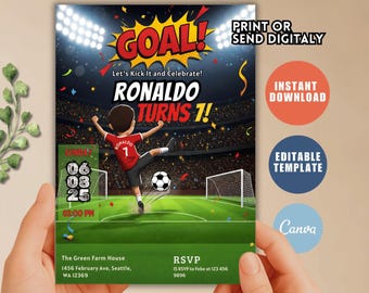 Editable Soccer Birthday Invitation, Football Theme (Digital Canva Template)