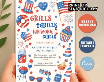 Puede incluir: Una invitación patriótica para el 4 de julio, con un tema rojo, blanco y azul. El diseño incluye ilustraciones de fuegos artificiales, una bandera estadounidense y una magdalena. El texto de la invitación dice "Grills, Thrills & Firwork Chills".