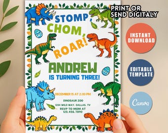 Dinosaur Birthday Invitation, Editable Dino kids bday party invite fun cute, Stomp Chomp Roar Rawr, Instant download, printable template J78