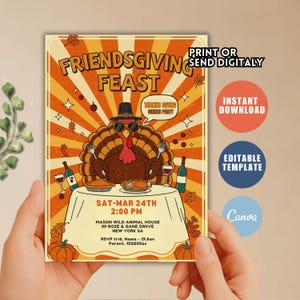 May include: A Friendsgiving Feast invitation with a retro design. The invitation features a cartoon turkey wearing sunglasses and a hat, holding a fork and knife. The text includes the date, time, and location of the event.