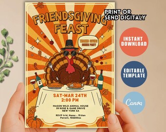 May include: A Friendsgiving Feast invitation with a retro design. The invitation features a cartoon turkey wearing sunglasses and a hat, holding a fork and knife. The text includes the date, time, and location of the event.