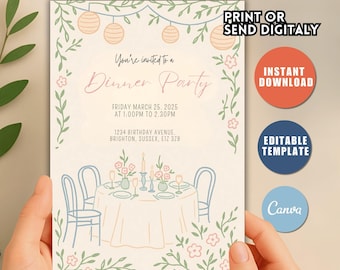 Editable Dinner Party Invitation Template, Minimalist Birthday (Digital Download)