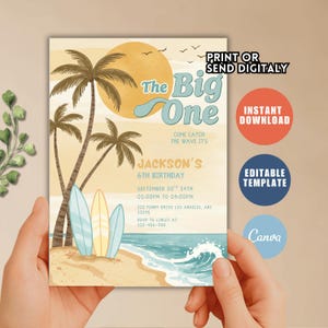 Editable Boy The Big One Surfing 1st Birthday Party Invitation Retro Boy Surf Van Surfboard Beach Party Invite Instant Download U88