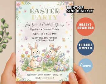 Floral Easter Egg Hunt and Brunch Invitation, Bunny Religious Invite (Editable Canva)