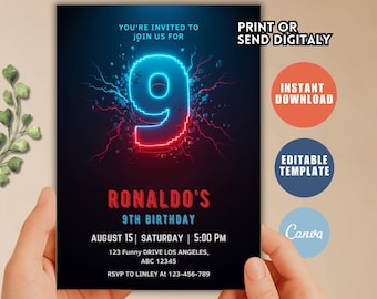 9th Birthday Invitation, Neon Number Nine, Canva Editable Template (Digital Download)