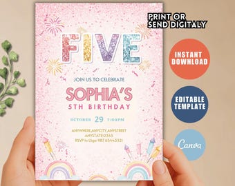 Hi-Five 5th Birthday Invitation, Colorful Party Invite (Editable Canva)