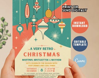 Faire-part de fête de Noël tropical des années 1960, invitation de vacances à la plage rétro, invitation de Noël groovy imprimable, fête de Noël d'amis K99