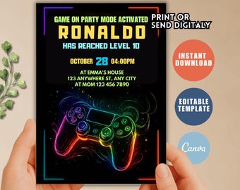 Faire-part de fête d'anniversaire jeu vidéo, passer un niveau supérieur, invitation à une fête d'arcade, invitation néon phosphorescent, gamer vidéo phosphorescent, toile modifiable