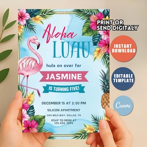 Tropical Birthday Invitation, Hawaiian Invitation, Luau Invitation Aloha Party Invite Pineapple Invite EDITABLE Instant Digital Download W34