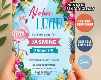 Tropisk Luau-födelsedagsinbjudan, redigerbar ananas-Aloha-fest (digital nedladdning)