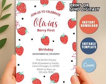 Editable Berry First Strawberry Birthday Invitation, Red Strawberry Birthday Invite, Berry Sweet Birthday Invitation Template J65