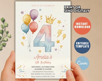 Four times the fun birthday invitation, 4th birthday party invite, Editable birthday invitation digital, Boy Fourth Bday Party invitation