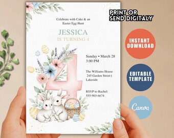 Bunny 4th Birthday Invitation, Pastel Rainbow Floral Invite (Digital Template)