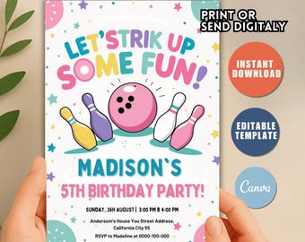 Invitación de cumpleaños de bolos, fiesta luminosa, invitación para niñas (plantilla editable)