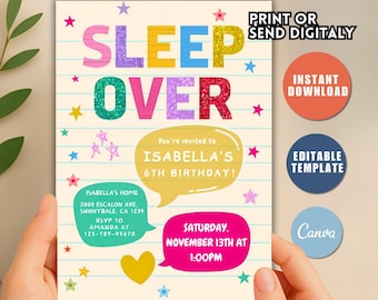 Bearbeitbare Sleepover-Geburtstagsfeiereinladung, Mädchens Pyjama-Party (Digitaler Download)