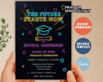 Neon Graduation Invitation, Glowy Party Announcement (Editable Canva Template)