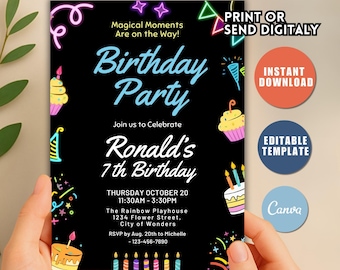 Neon Lights Birthday Invite, Lets Party invitation, Glow Party, Neon Birthday Invitation, Editable Canva Template, Any Age, Custom Text O78