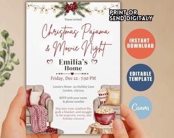 Faire-part de Noël pour une soirée cinéma, soirée pyjama, modèle modifiable (téléchargement numérique)
