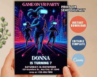 Faire-part d'anniversaire en réalité virtuelle, thème gamer (modèle canva modifiable)