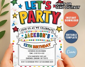 Simple Colorful Birthday Invite Template Bright And Cheerful Party Invitations Editable Printable Template, Let's Party Instant Download S34