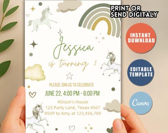Unicorn Birthday Invitation Template, Rainbow Unicorn Birthday Girl Digital Invite, Any Age Magical Unicorn Theme Birthday Party S88
