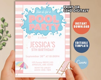 Editable Girls Pool Party Birthday Invitation Template Pool Party Birthday Party Invite Girls Teenage Birthday Invite Digital Download