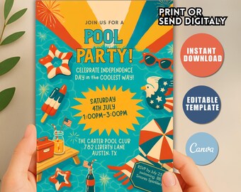 4th of July Pool Party Invitation, Editable Canva Template (Digital Download)